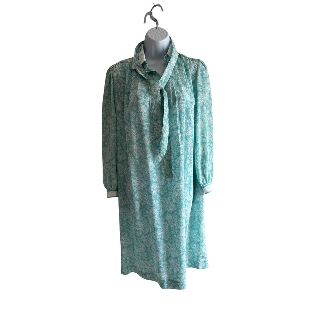 Schrader Sport Petites Dress 6 Turquoise Paisley Pussybow Vintage 80s Secretary